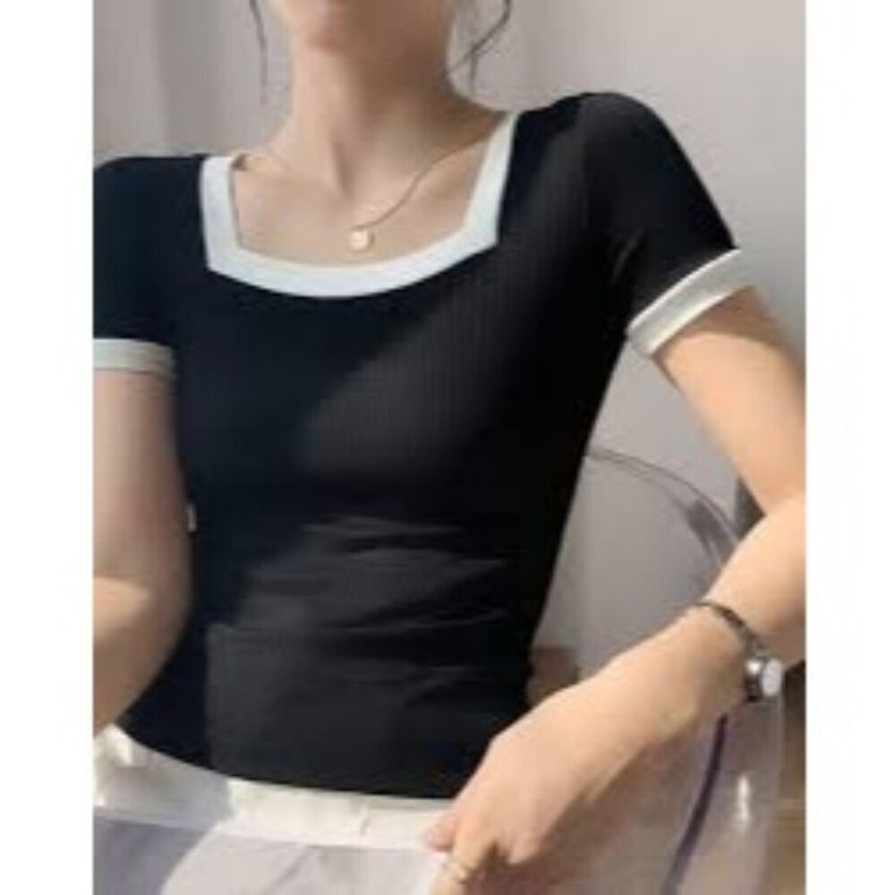 Express Y2K Black White Square Neck Ribbed Knit Cropped Top Body Contour Women L